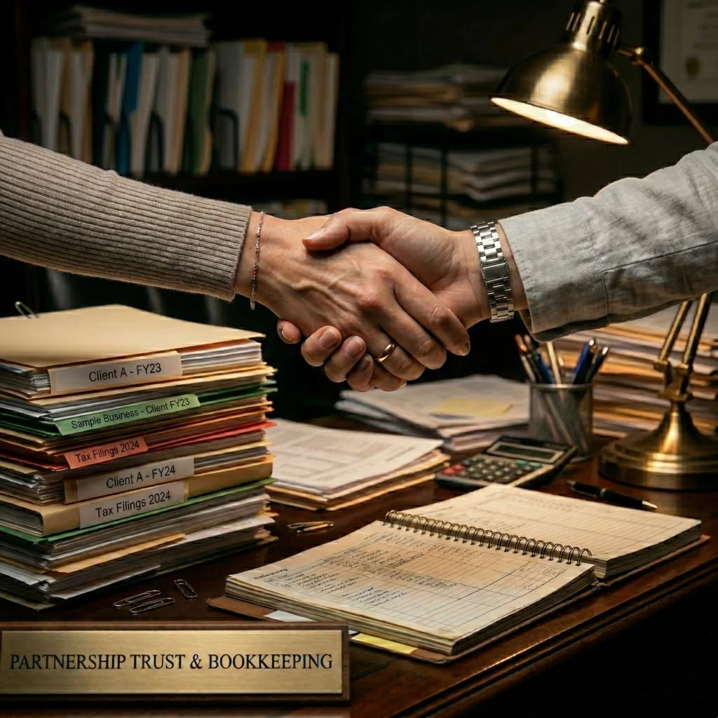 Expert bookkeeper shaking hands with small business owner in Melbourne office